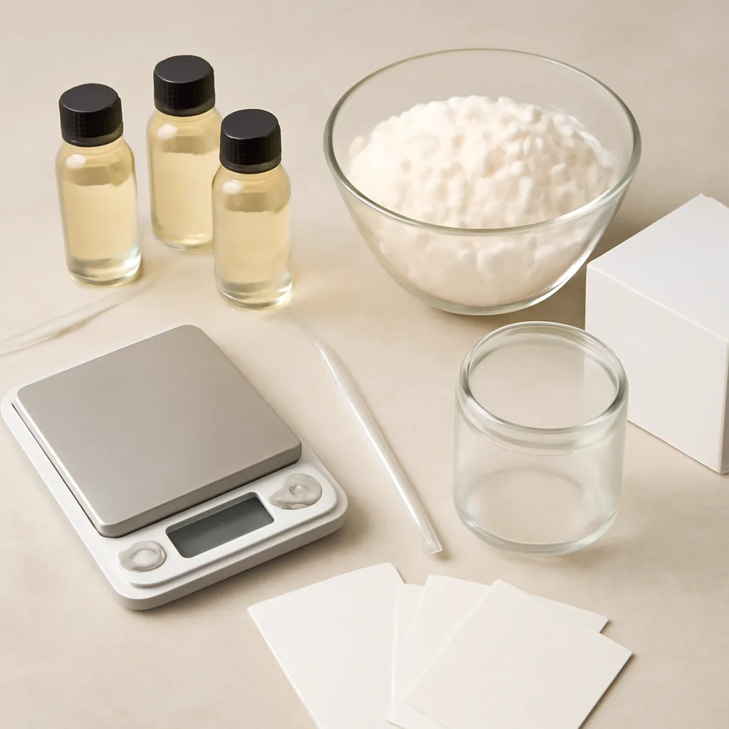 Ingredient image: fragrance oils, wax flakes, scale, thermometer, test labels, editorial flat lay, detailed realistic texture, elegant neutral background, no text