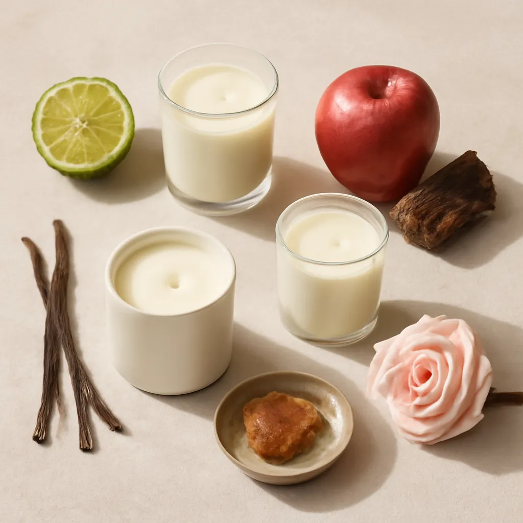 Ingredient image: bergamot and tea, apple and cedar, vanilla and amber, rose and oud-style wood, editorial flat lay, detailed realistic texture, elegant neutral background, no text