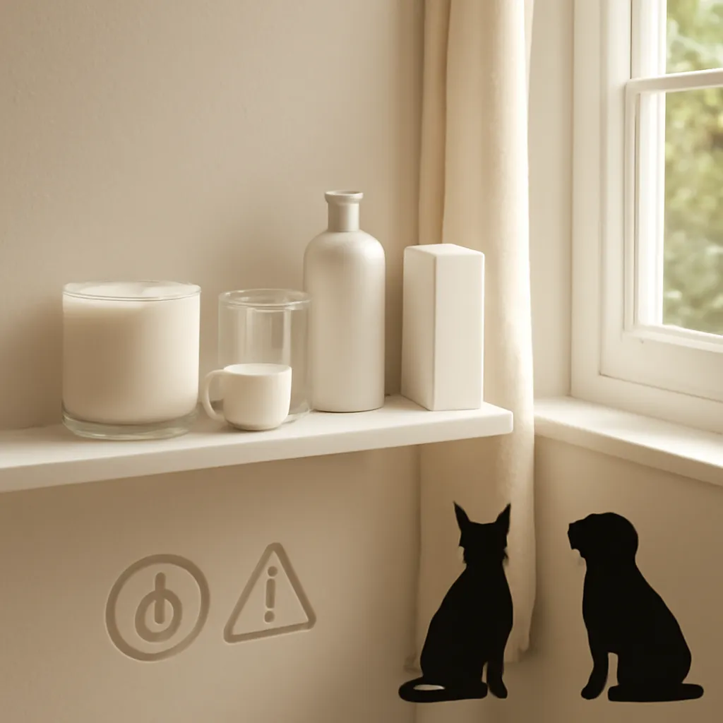 Ingredient image: high shelf, covered candle, open window, cat and dog silhouettes, safety icons, editorial flat lay, detailed realistic texture, elegant neutral background, no text