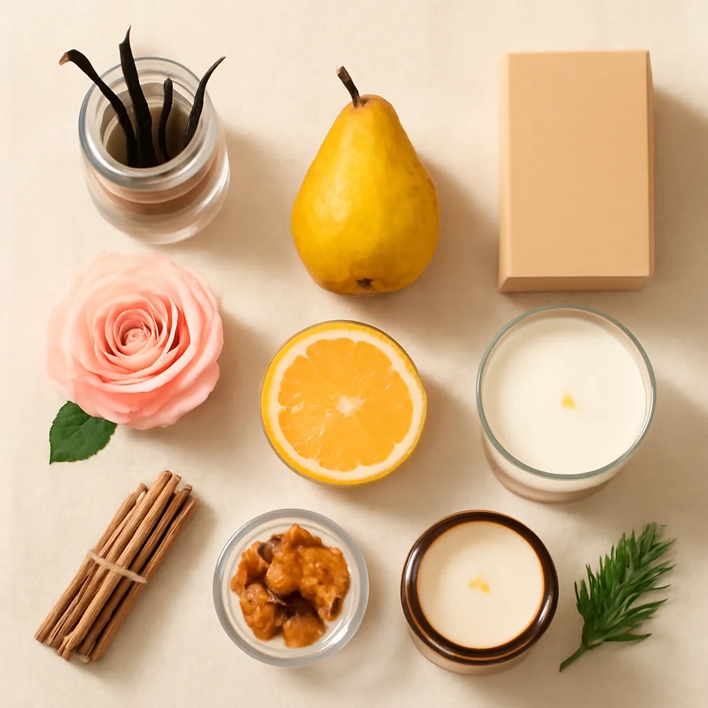 Ingredient image: vanilla, rose, pear, cedar, citrus, cinnamon, amber, editorial flat lay, detailed realistic texture, elegant neutral background, no text