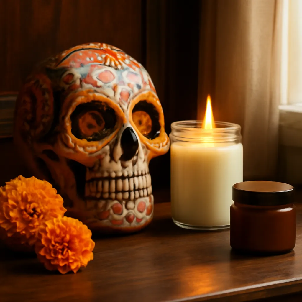 Detail image: painted skull motifs, marigold colors, dark wood, amber light, candle jar, realistic texture, Gothic editorial styling, controlled composition, no text