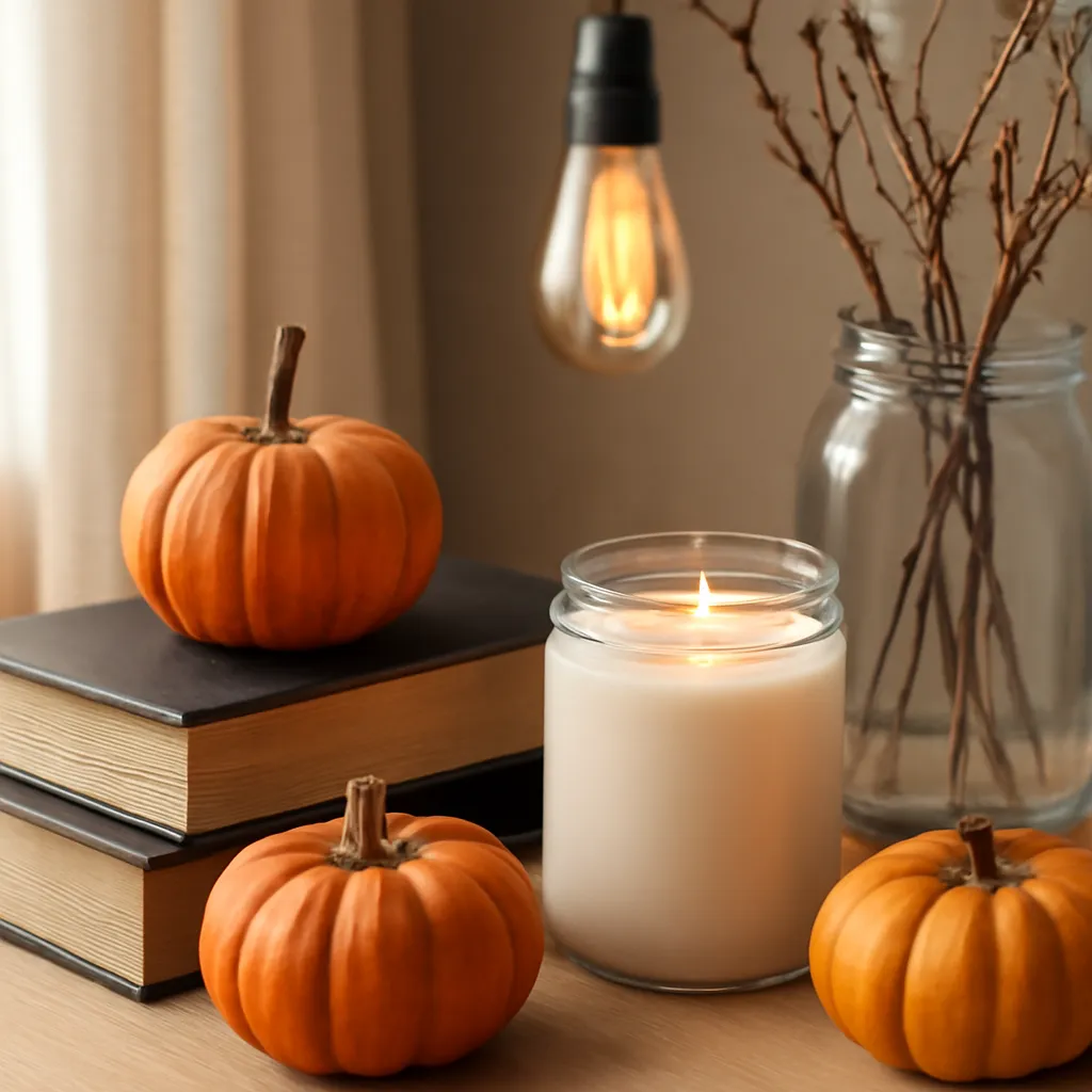 Detail image: mini pumpkins, black books, dried branches, candle jar, warm bulb, realistic texture, Gothic editorial styling, controlled composition, no text