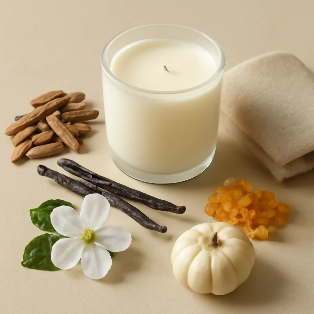 Ingredient close-up prompt — square 1:1 high-end editorial still life. Show sandalwood chips, a split vanilla pod, translucent amber resin, fresh apple blossom, a small matte cream pumpkin and a folded cashmere-texture fabric swatch. Arrange them as a loose crescent around an unbranded warm-ivory candle jar, with each note separated and easy to identify. Use a warm neutral surface, realistic scale, accurate botanical and material textures, subtle shadows and soft directional light that reveals grain, wax, glass and natural imperfections. Keep every ingredient visually separate and identifiable, with one discreet unbranded candle reference to connect the notes to home fragrance. No text, no logo, no watermark, no floating objects, no plastic-looking ingredients, no food-advertising gloss unless the subject specifically requires it.