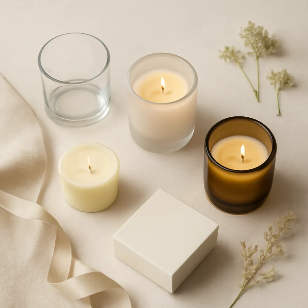 Create a detailed top-down editorial flat lay that explains the physical format, holder requirements and gifting potential of scented votive candles. On a warm ivory stone or lightly textured plaster background, arrange one small unlit cream-colored votive candle beside an empty clear glass votive holder so viewers can clearly understand the candle’s compact size and how it fits into the holder. Place a second votive correctly inside a softly frosted glass holder and a third votive inside a small amber glass holder. Only the candles placed inside holders may be lit. Include carefully selected styling elements connected to the article: a folded piece of natural cream linen, a short champagne satin ribbon, a small ivory rigid gift box, a minimal blank gift card, two or three delicate flower stems and a subtle dried botanical accent. The accessories should frame the votives without covering them. Use a clean editorial arrangement with generous negative space. Position the empty holder and loose unlit votive close together as the educational focal point. Show realistic wax edges, wick placement, glass thickness, subtle reflections and tactile paper and fabric textures. Use soft diffused studio light coming from one side, creating gentle shadows without harsh contrast. The image should communicate four ideas at a glance: small candle size, proper holder use, mix-and-match holder styling and gift-set presentation. Premium American home and event styling, sophisticated neutral palette, realistic product photography. No text, no measurements, no logos, no printed gift card message, no brand labels, no watermark, no candle burning without a holder, no tea light metal cups, no pillar candles, no oversized jar candles, no melted wax spilling outside the holder, no distorted glass and no cluttered arrangement.