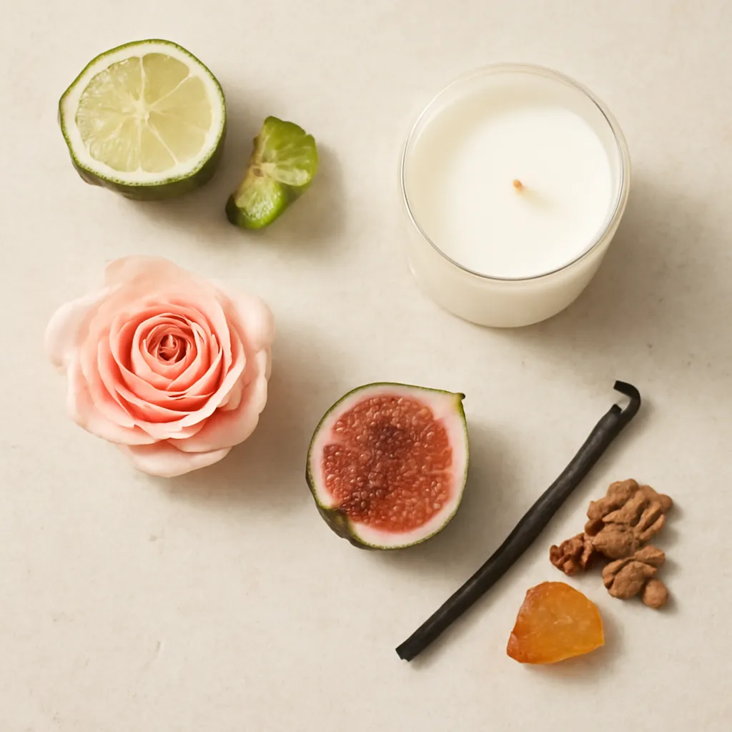 Create a highly detailed editorial flat lay showing six fragrance notes used to demonstrate balanced scent layering: bergamot, rose, fig, cedar, vanilla and amber. Arrange the ingredients in three visually distinct groups representing fragrance roles. Group 1: fresh bergamot peel and a small bergamot half to represent brighter opening notes. Group 2: one blush rose and sliced ripe fig to represent rounded middle notes. Group 3: cedarwood chips, vanilla bean and a small warm amber resin-like material to represent deeper grounding notes. Place the groups along a subtle diagonal progression from bright and fresh in the upper left to warm and deep in the lower right, visually suggesting how a fragrance can move from top notes into deeper base notes. Include one clean unlabeled candle vessel near the center edge of the composition to connect the ingredients directly to scented candle formulation. Use a warm ivory limestone or matte plaster background with soft natural light from one side. Emphasize realistic textures: porous citrus peel, soft rose petals, moist fig interior, dry cedar grain, slightly wrinkled vanilla bean and translucent amber-like material. Keep the composition elegant, spacious and educational rather than looking like a food spread. No text, no labels, no perfume bottles, no excessive greenery, no fake smoke, no scattered powders, no oversaturated ingredients and no clutter.