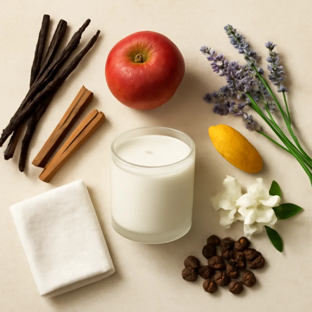 Create a highly detailed premium editorial flat lay featuring the key scent materials associated with popular candle fragrance profiles: vanilla bean, fresh red apple, lavender, citrus peel, cedarwood, roasted coffee beans, crisp clean linen, jasmine flowers and cinnamon. Organize the ingredients into clearly separated fragrance zones while maintaining one cohesive composition. Create a warm comforting zone with vanilla bean and cinnamon. Create a fresh fruity zone with red apple and citrus peel. Create a soft floral zone using lavender and jasmine. Create a deeper aromatic zone with cedarwood and roasted coffee beans. Include a neatly folded piece of crisp white cotton or linen to visually represent the clean linen fragrance family. Place one simple unlabeled scented candle vessel near the center of the composition to connect all ingredients back to home fragrance. Use a warm ivory limestone, travertine or matte plaster surface as the background. Keep plenty of negative space between the ingredient groups so each fragrance profile remains visually distinct. Use soft directional natural light from one side and emphasize realistic material textures: slightly wrinkled vanilla bean, glossy apple skin, porous citrus peel, delicate lavender buds, dry cedar grain, glossy roasted coffee beans, visible linen weave, soft jasmine petals and rough cinnamon bark. The styling should feel luxurious, editorial and fragrance-focused rather than culinary. Ingredients should be presented sparingly and beautifully. No text, no product labels, no perfume bottles, no loose powders, no excessive greenery, no food styling plates, no utensils, no random ingredients, no watermark and no artificial CGI texture.