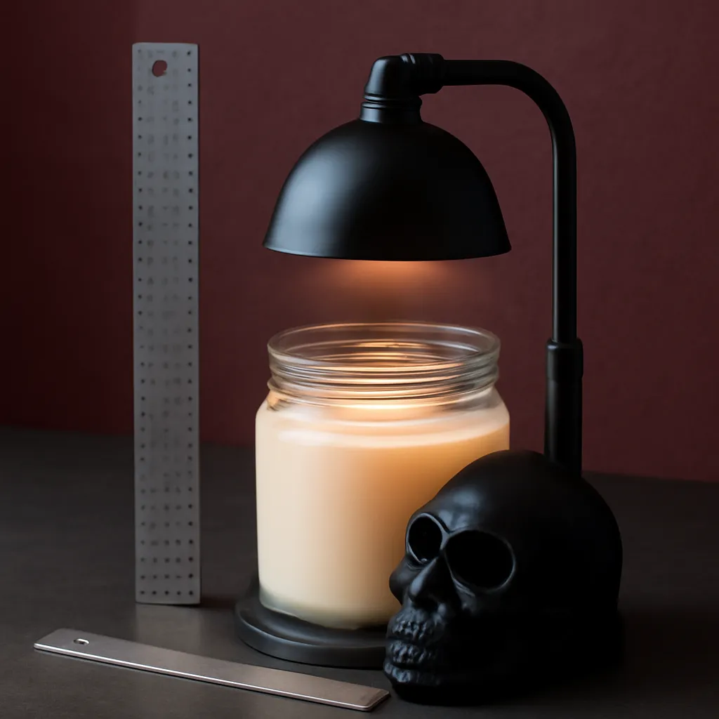 Create a highly detailed editorial setup demonstrating how to check jar compatibility with a skull candle warmer lamp using visible measurement-related objects, without generated text. Show one matte black skull candle warmer lamp on a dark neutral tabletop with one clear glass candle jar placed beneath the warming bulb. Include a metal ruler or measuring tape positioned vertically beside the jar to represent jar height. Place a second measuring tool across or beside the widest part of the jar to represent diameter. Keep the measuring tools realistic, clean and visually easy to understand, but do not display readable numbers or text. Make the adjustable lamp pole clearly visible, with the upper section raised enough to demonstrate height adjustment. Show the bulb positioned above the jar opening with a visible but safe-looking gap. The jar should contain warm ivory or beige wax with the wax level clearly visible through the glass. Keep the wax surface smooth and slightly softened under the lamp. The jar opening should be unobstructed. Use subtle visual styling to communicate heat distribution without fake graphics: create a natural warm light gradient centered over the wax surface, brighter in the middle and gently fading toward the edges. Arrange the composition from a slightly elevated three-quarter angle so viewers can simultaneously understand jar height, jar width, wax level and bulb distance. Use a sophisticated black, beige and deep burgundy editorial palette, realistic glass reflections, matte skull texture and controlled studio lighting. No text, no readable measurement numbers, no labels, no arrows, no fake heat waves, no visible flame, no distorted ruler, no warped jar, no candle touching the lamp head and no clutter.