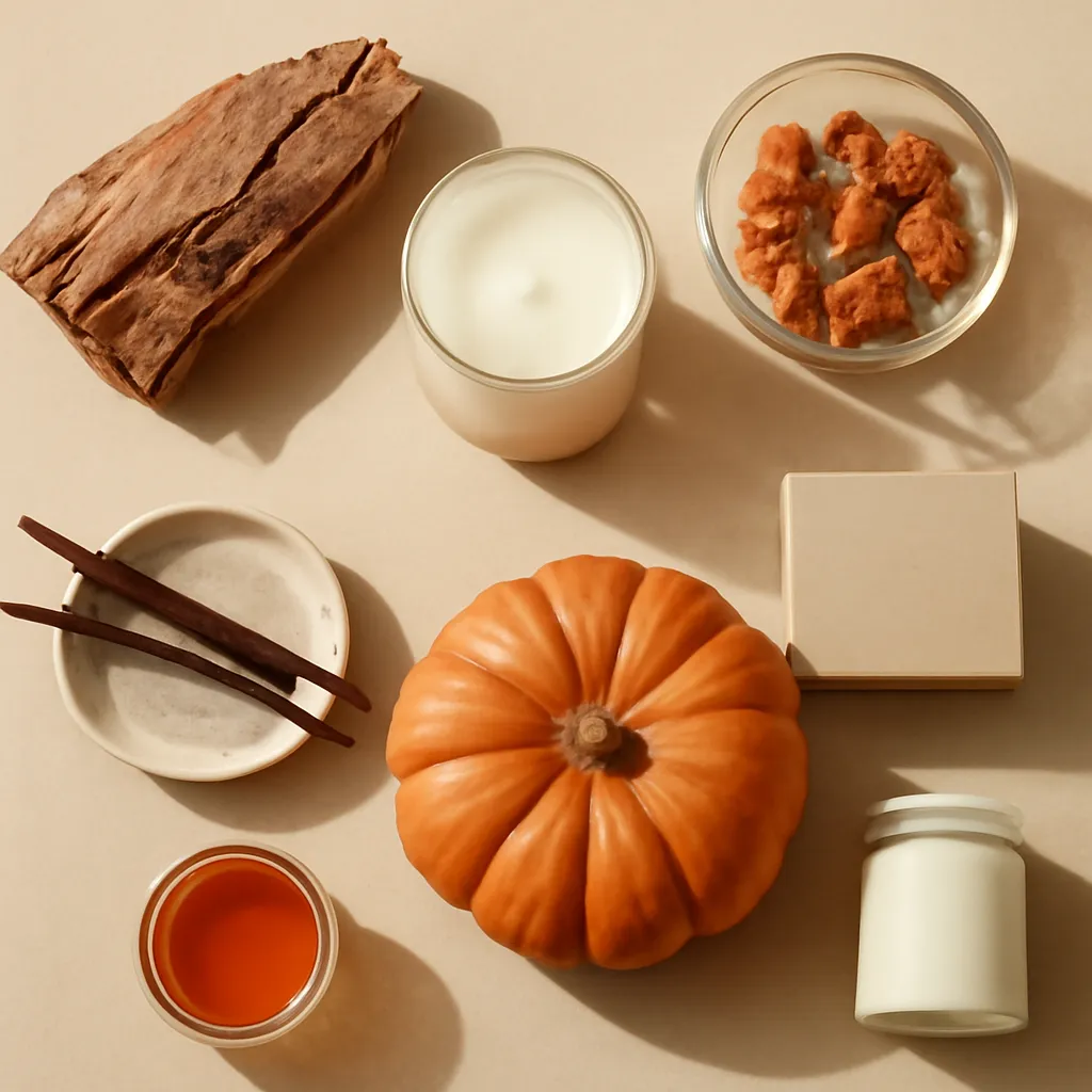Ingredient close-up: apple wood, cedar, amber, vanilla spice, pumpkin, editorial flat lay, realistic texture, warm neutral background, no text