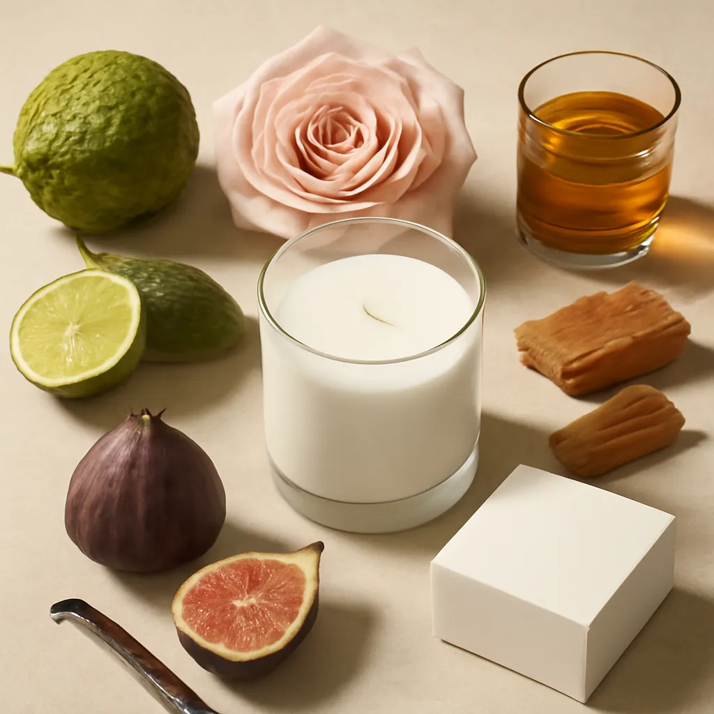 Ingredient image: bergamot, rose, fig, sandalwood, amber, vanilla, editorial flat lay, realistic texture, elegant neutral background, no text