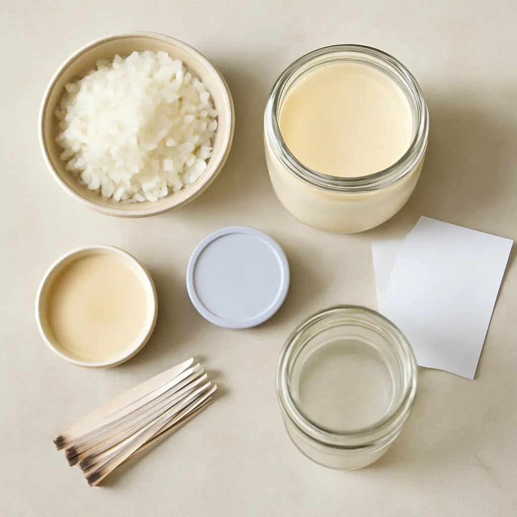 Ingredient image: soy wax flakes, cream wax, glass jars, cotton wick, fragrance notes, editorial flat lay, detailed realistic texture, elegant neutral background, no text