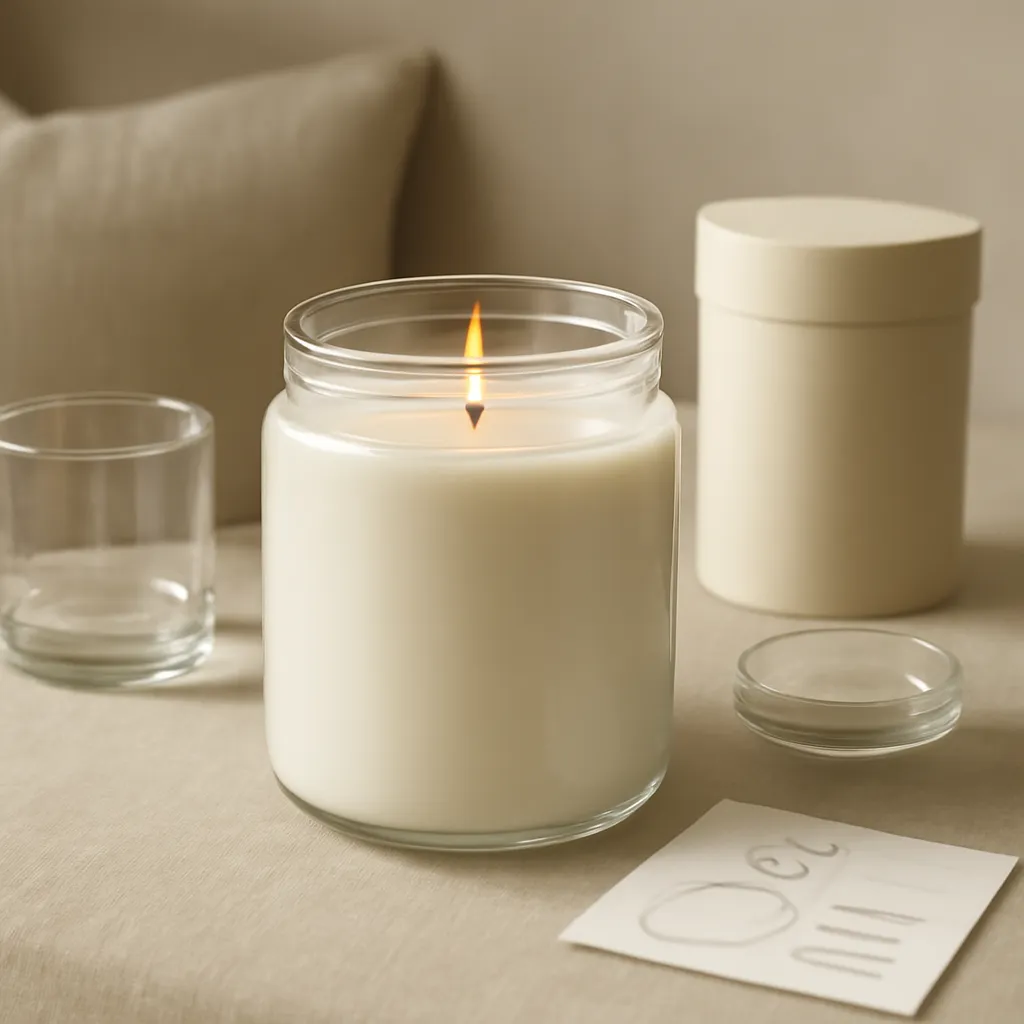 Ingredient image: large jar, even wax pool, airflow diagram, fragrance intensity scale, editorial flat lay, detailed realistic texture, elegant neutral background, no text