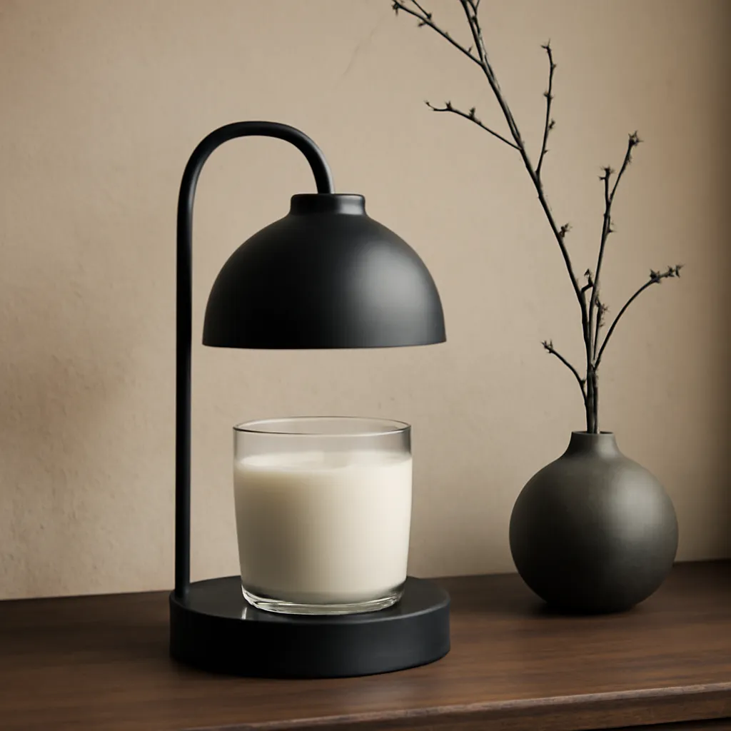 Detail image: matte black warmer, beige wall, dark wood, single dried branch, soft light, realistic texture, Gothic editorial styling, controlled composition, no text