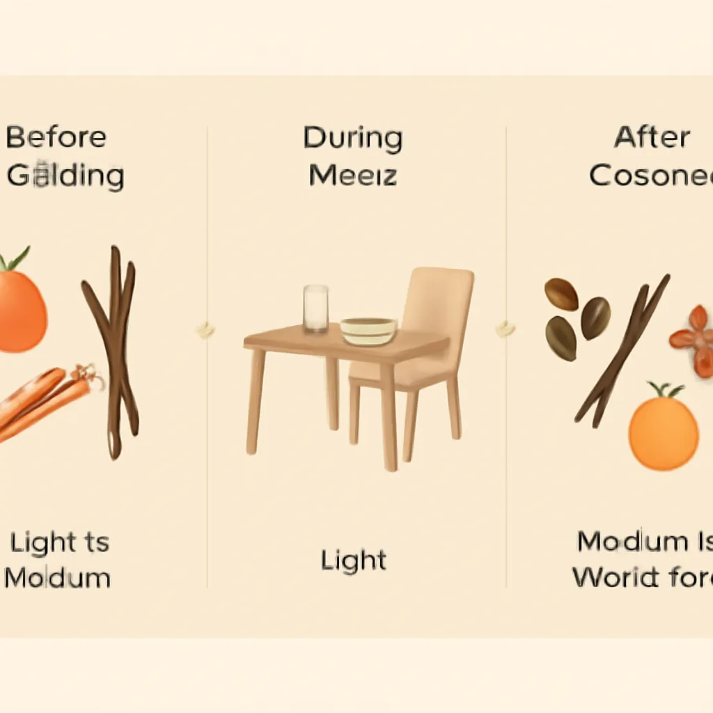 Create a clean premium infographic for a US home fragrance blog explaining how to choose fall candle fragrances for a kitchen or dining area before cooking, during meals, and after cooking. Use a clear three-stage horizontal decision-guide layout with three visually separated sections connected by subtle arrows. SECTION 1 – BEFORE COOKING Show simple elegant illustrations of a fresh apple, cinnamon sticks, and vanilla pod. Suggested fragrance mood: fresh apple, light cinnamon, soft vanilla. Visual feeling: welcoming, fresh, lightly warm. SECTION 2 – DURING MEALS Show a minimal dining table, plate, glassware, and a small subtle candle positioned away from the food. Communicate visually that fragrance should remain light and understated so it does not dominate the dining experience. SECTION 3 – AFTER COOKING Show coffee beans, vanilla pod, warm spice, cinnamon, and pumpkin. Suggested fragrance mood: coffee, vanilla, warm spice, pumpkin-inspired scents. Visual feeling: cozy, rich, relaxing after a meal. Add a small fragrance-intensity indicator under each stage: Before Cooking – Light to Medium During Meals – Light After Cooking – Medium to Warm/Rich Use sophisticated modern vector-style icons with consistent line weight and simple shapes. Background should be warm beige or soft cream with content panels in slightly different neutral tones. Color palette: ivory, warm beige, amber, caramel, cinnamon brown, muted terracotta, pumpkin orange, espresso brown, and subtle muted gold accents. Layout should feel editorial and premium rather than playful. Use strong visual hierarchy, generous white space, balanced alignment, clean icons, simple directional arrows, and easy-to-understand comparison structure. Style: premium American lifestyle infographic, elegant home fragrance branding, modern editorial design, readable structure, minimal clutter, no cartoon style, no Halloween imagery, no excessive seasonal decoration.