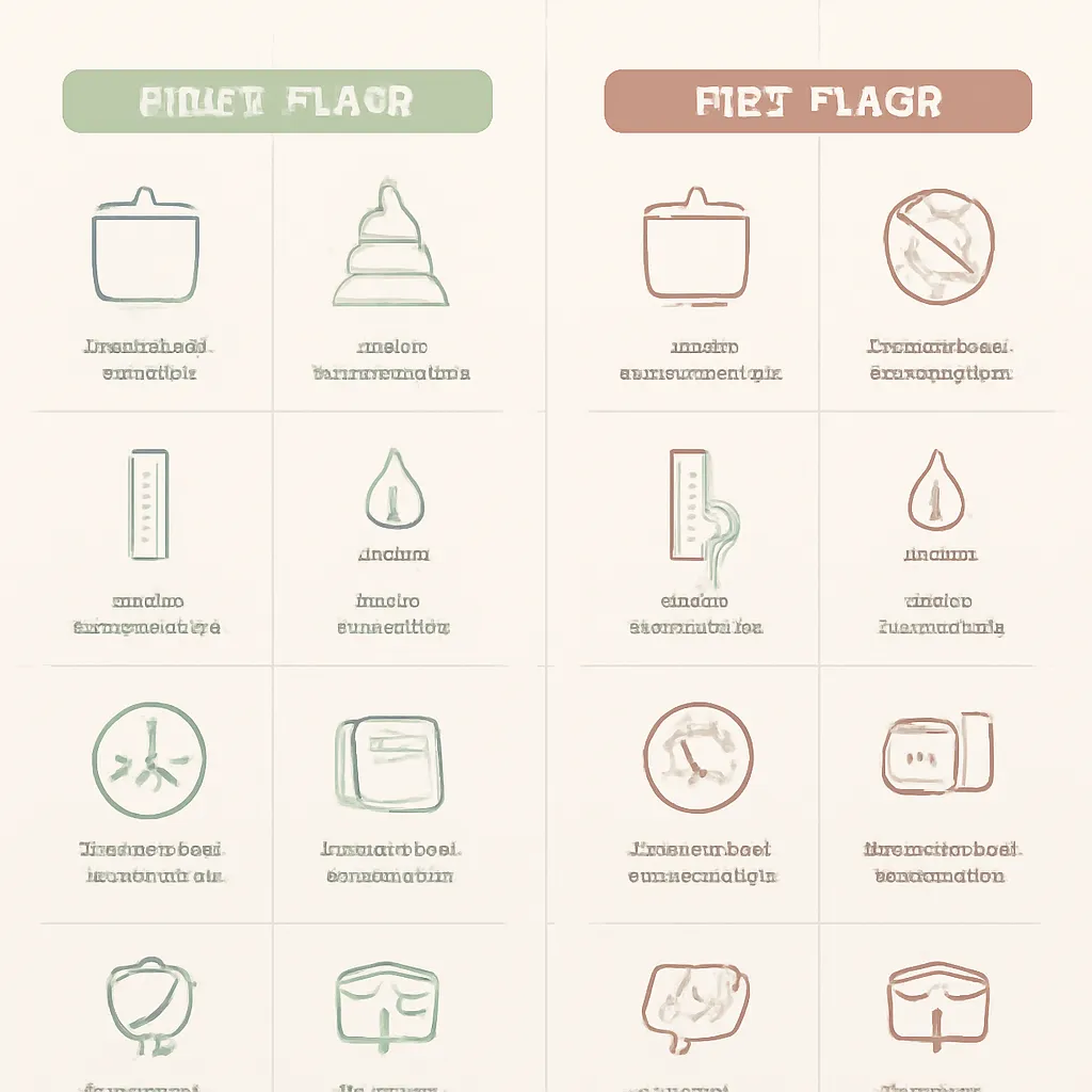 Create a clean premium infographic for a US scented candle buying guide comparing GREEN FLAGS and RED FLAGS when shopping for scented candles online. Use a balanced two-column comparison layout. LEFT SIDE – GREEN FLAGS: Show simple modern icons representing: - Clearly listed wax type - Specific fragrance notes - Vessel dimensions - Wick type - Realistic burn-time range - Multiple clear product photos - Detailed customer reviews - Easy-to-find return policy RIGHT SIDE – RED FLAGS: Show simple modern icons representing: - Vague fragrance description - Missing wax information - No jar measurements - Unclear wick details - Unrealistic burn-time promises - Product photos that hide scale - Repeated complaints about scent or burn performance - Missing or confusing return information Use a subtle checkmark system for positive signs and restrained warning symbols for negative signs. Avoid aggressive red warning graphics; maintain a premium editorial aesthetic. Background should be warm ivory or light beige. Use cream content cards, muted sage or warm gray for positive indicators, and subtle terracotta or dusty brown for caution indicators. Include small candle, wax, wick, ruler, fragrance pyramid, review star, shipping box, and return-arrow icons. Modern US editorial infographic style, clean vector graphics, strong hierarchy, generous white space, sophisticated typography area, easy to scan, premium home fragrance branding aesthetic, no cartoon illustrations, no excessive decorative elements.