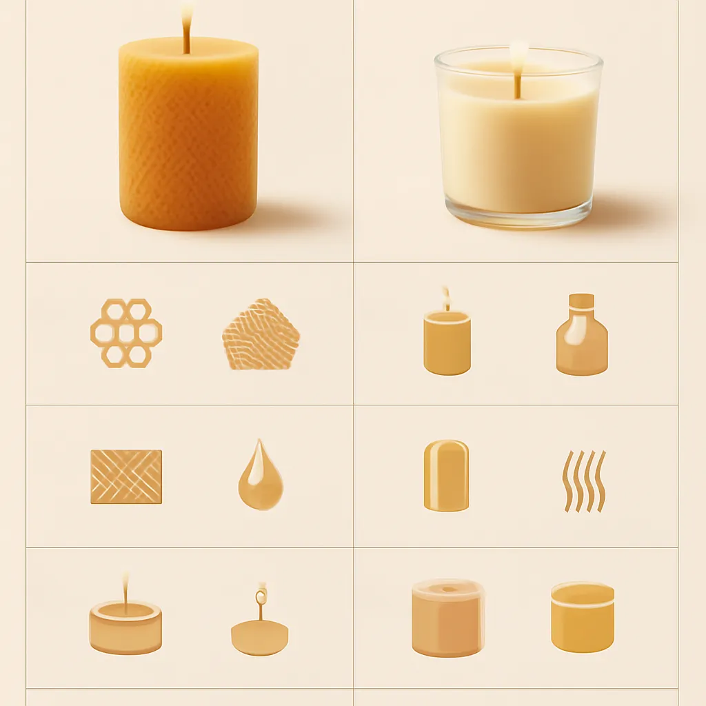 Create a clean premium infographic for a US candle guide comparing natural beeswax aroma and fragranced beeswax candles. Use a balanced side-by-side comparison layout with two main columns. LEFT SIDE – NATURAL BEESWAX AROMA: Natural honey-like aroma Warm golden wax color Subtle scent experience Beeswax origin Natural material focus Simple candle care RIGHT SIDE – FRAGRANCED BEESWAX: Added fragrance Broader scent variety Different scent throw levels Beeswax blends Vessel candle options Fragrance layered over the natural wax character Add a lower comparison section showing: Burn characteristics Color variation Sourcing Wax blends Scent throw Care and maintenance Include a subtle fragrance-intensity spectrum moving from soft natural aroma to more noticeable added fragrance. Use simple modern icons such as honeycomb, beeswax sheet, honey droplet, fragrance bottle, candle flame, cotton wick, wax jar, and scent-wave symbols. Design style should be sophisticated, minimal, modern, and educational. Use a warm ivory or beige background with cream, honey gold, amber, soft caramel, taupe, and muted brown accents. Premium US editorial infographic aesthetic, clear hierarchy, balanced spacing, modern vector-style iconography, generous white space, readable structure, no cartoon style, no clutter, no bright artificial colors.