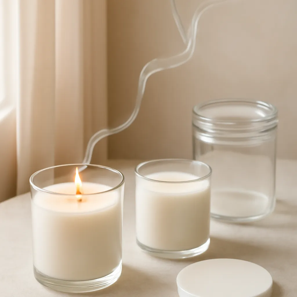 Ingredient image: candle clock, wax pool, storage lid, room airflow, fragrance trail, editorial flat lay, detailed realistic texture, elegant neutral background, no text