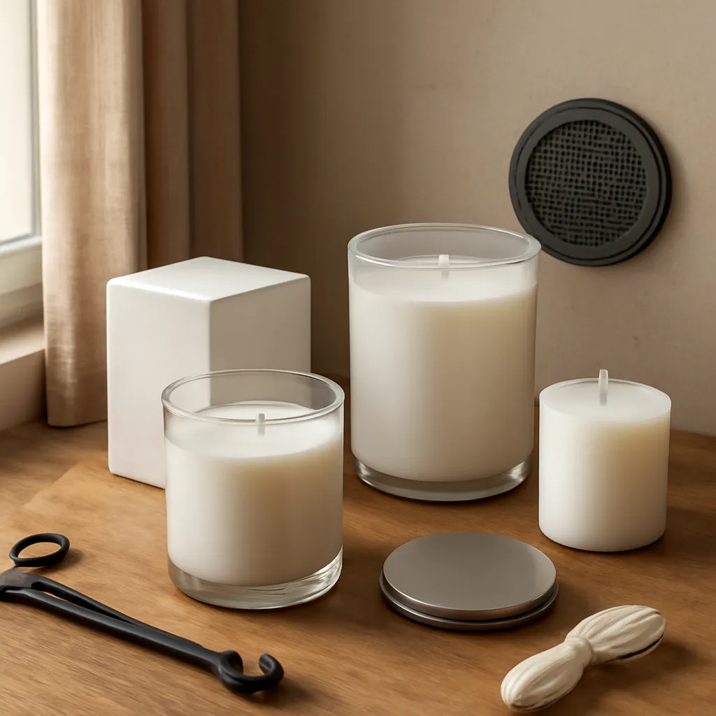 Detail image: clearance markers, cord check, heat icon, ventilation, clean candle jar, realistic texture, Gothic editorial styling, controlled composition, no text