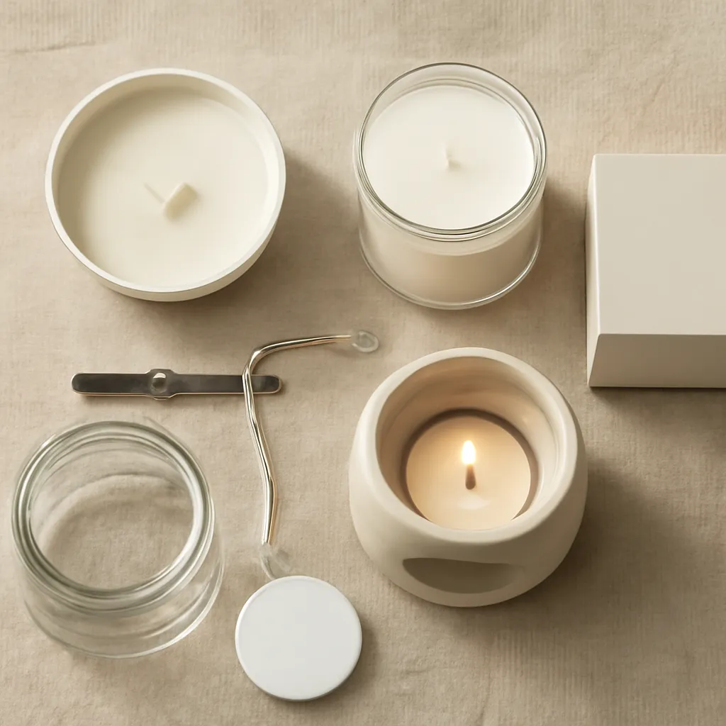 Ingredient image: small wax pool, draft, wick, candle warmer, storage lid, editorial flat lay, detailed realistic texture, elegant neutral background, no text