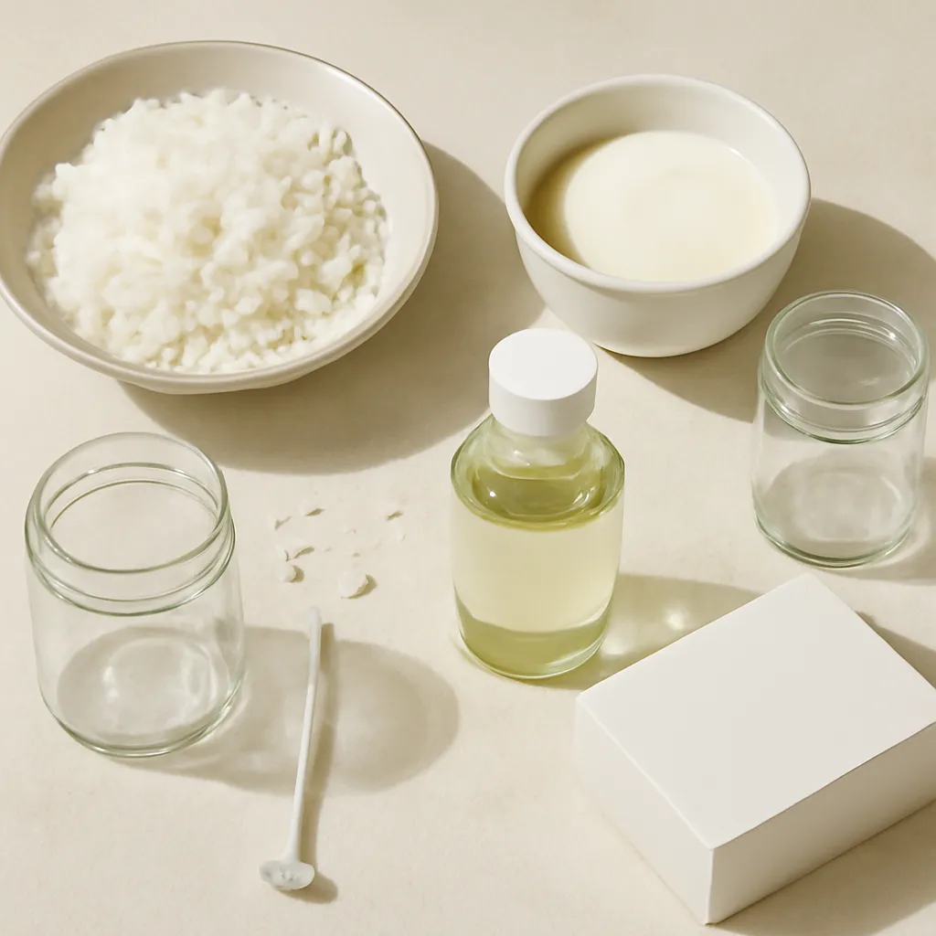 Ingredient image: soy wax flakes, cream wax, glass jars, cotton wick, fragrance oil, editorial flat lay, detailed realistic texture, elegant neutral background, no text