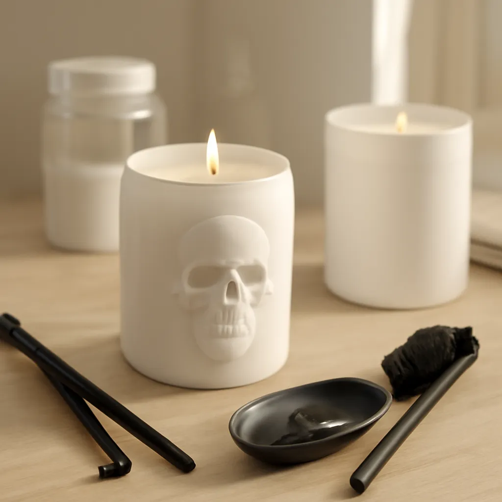 Detail image: wax dish, candle jar, skull design, cleaning tools, fragrance icons, realistic texture, Gothic editorial styling, controlled composition, no text