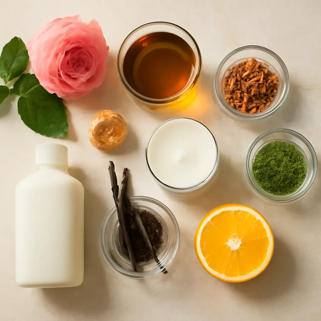 Ingredient image: rose, cedar, vanilla, amber, citrus, herbs, editorial flat lay, realistic texture, elegant neutral background, no text