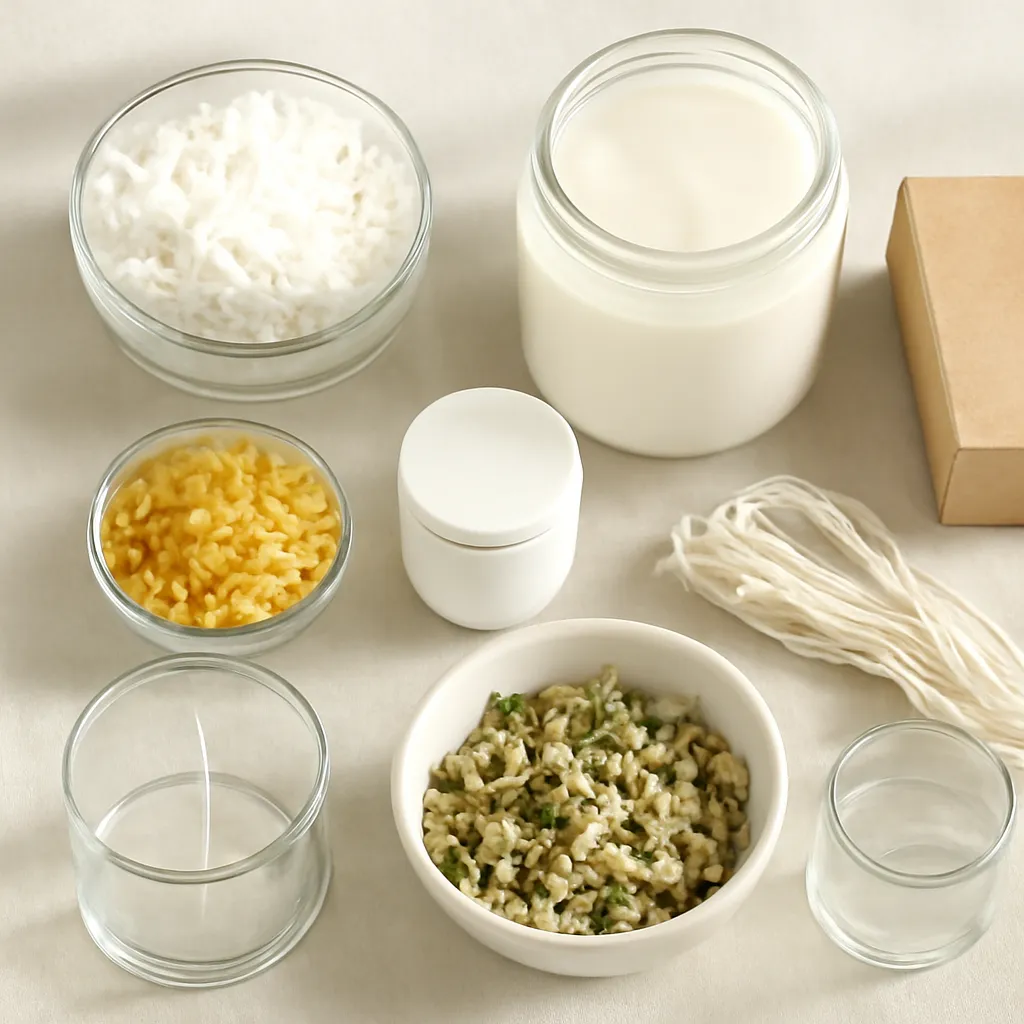 Ingredient image: coconut wax, soy wax, beeswax, cotton wick, botanical ingredients, editorial flat lay, detailed realistic texture, elegant neutral background, no text