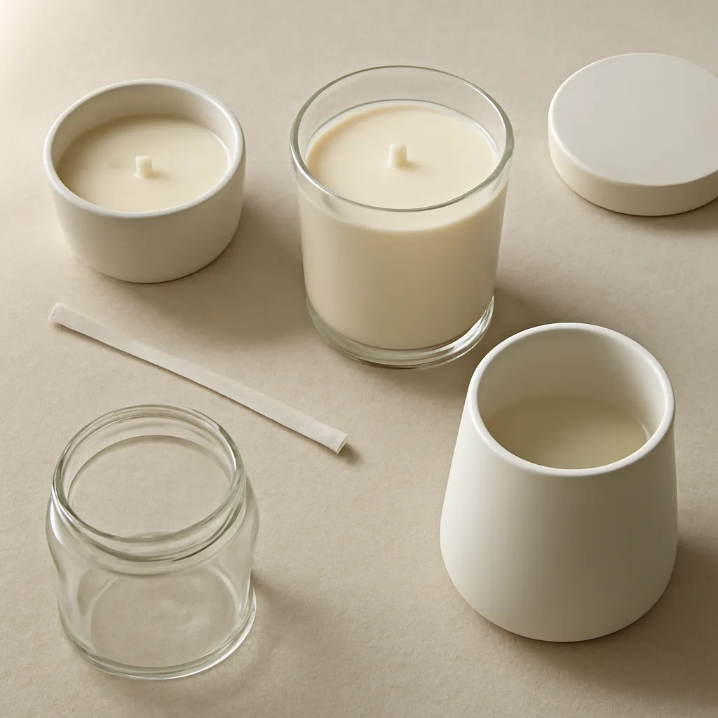 Ingredient image: small wax pool, wick, draft, warmer lamp, storage lid, editorial flat lay, detailed realistic texture, elegant neutral background, no text
