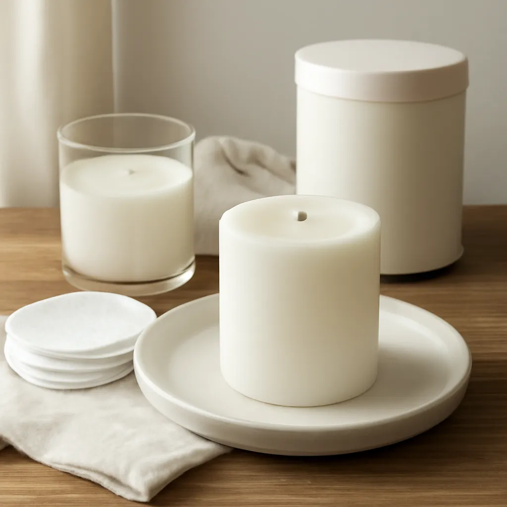 Detail image: cooled wax, cotton pads, soft cloth, ceramic dish, storage container, realistic texture, Gothic editorial styling, controlled composition, no text