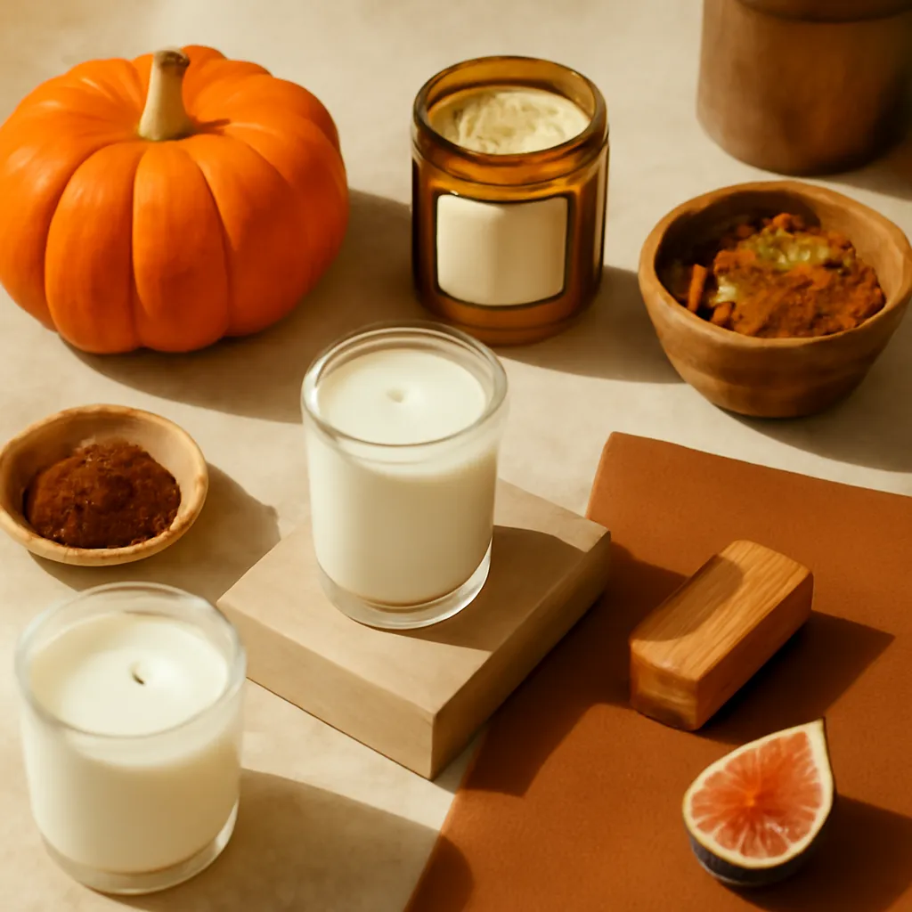 Ingredient close-up: pumpkin, sandalwood, amber, coffee, fig, leather-style accords, editorial flat lay, realistic texture, warm neutral background, no text