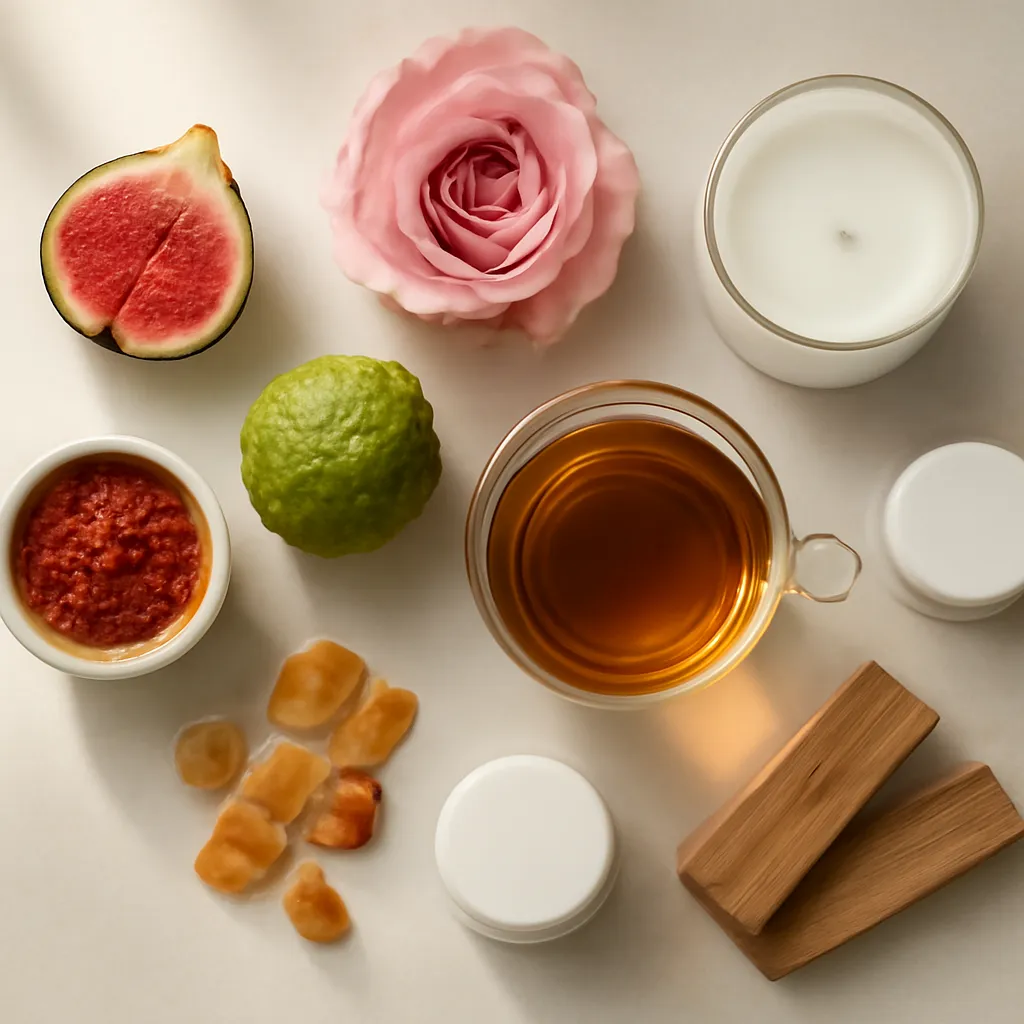 Ingredient image: fig, rose, bergamot, tea, saffron, amber, sandalwood, editorial flat lay, realistic texture, elegant neutral background, no text