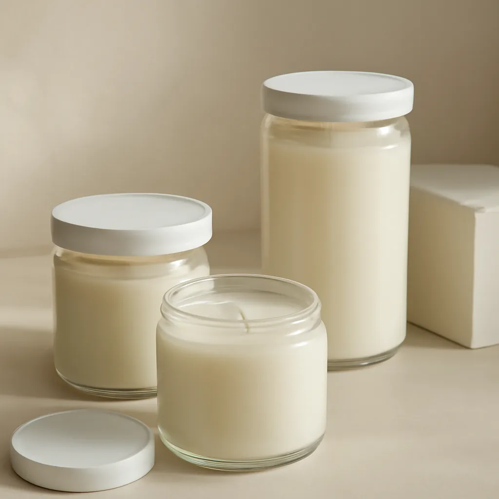 Ingredient image: wide jar, tall jar, thick glass, lids, smooth wax, editorial flat lay, detailed realistic texture, elegant neutral background, no text