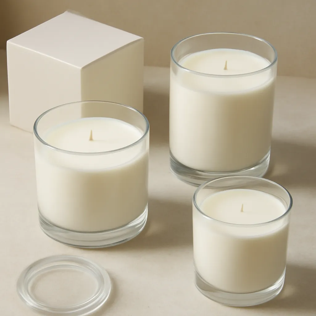 Ingredient image: wide jar, tall jar, thick glass, lids, smooth wax, editorial flat lay, detailed realistic texture, elegant neutral background, no text
