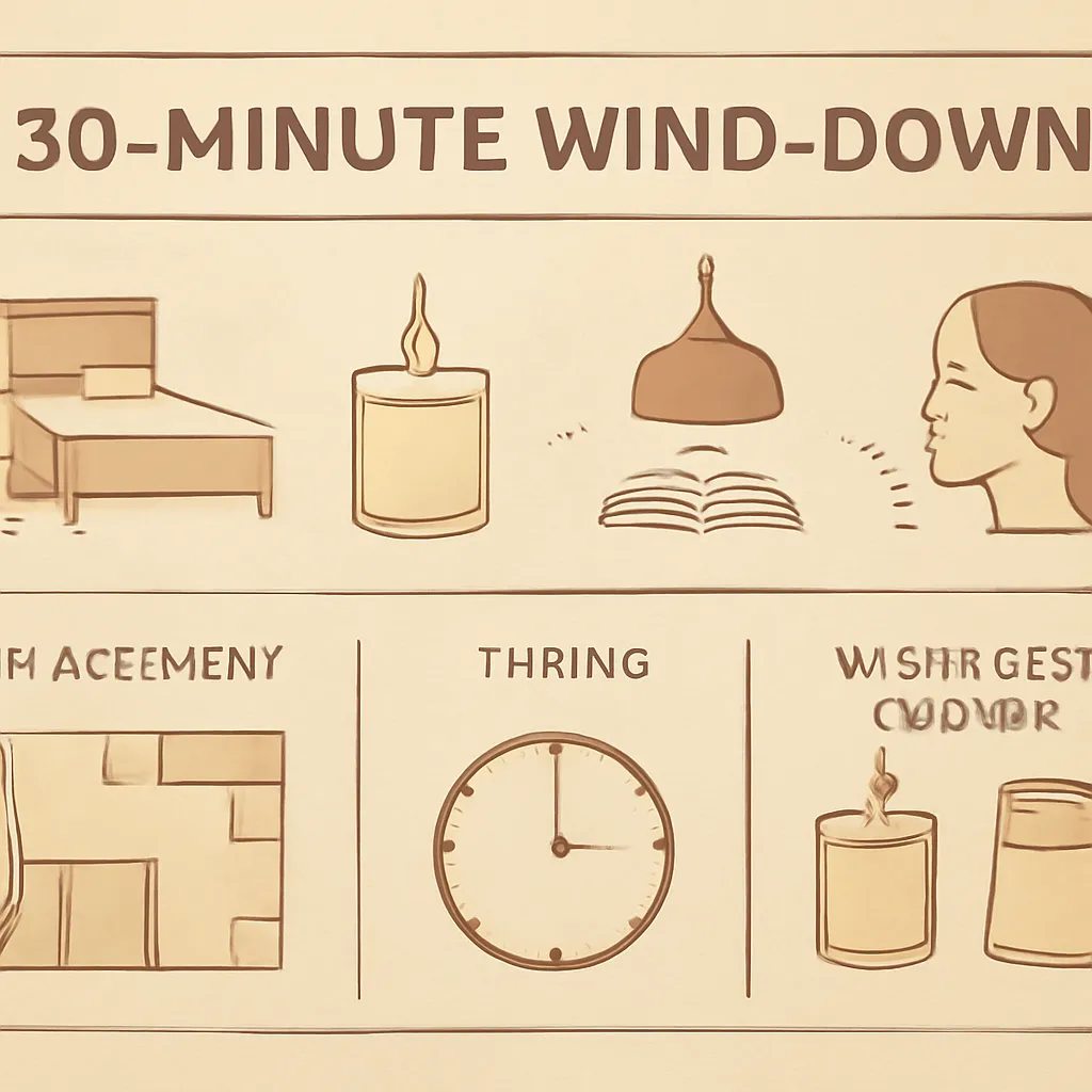 Infographic prompt — clean horizontal 4:3 editorial infographic designed for a US lifestyle blog. create a four-step 30-minute bedtime routine timeline with icons for preparing the room, starting a candle or wickless warmer, lowering lights and reading or breathing before sleep; add a small bedroom placement diagram and a flame-versus-wickless option panel. Use the short English section headers “30-Minute Wind-Down”, “Placement”, “Timing”, “Wickless Option” only; keep all other copy areas blank for later typesetting. Apply a warm beige, amber and muted brown palette adapted to soft caramel, warm ivory, oatmeal linen, muted walnut brown and restrained amber highlights, with high-contrast icons, thin dividers, generous margins, consistent spacing and a clear top-to-bottom reading order. Combine simple vector icons with subtle paper texture; avoid tiny body text, decorative clutter, 3D clip art, gradients that reduce readability, logos and watermarks.