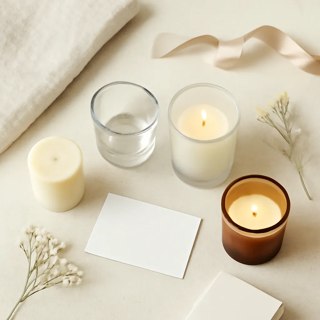 Create a detailed top-down editorial flat lay that explains the physical format, holder requirements and gifting potential of scented votive candles. On a warm ivory stone or lightly textured plaster background, arrange one small unlit cream-colored votive candle beside an empty clear glass votive holder so viewers can clearly understand the candle’s compact size and how it fits into the holder. Place a second votive correctly inside a softly frosted glass holder and a third votive inside a small amber glass holder. Only the candles placed inside holders may be lit. Include carefully selected styling elements connected to the article: a folded piece of natural cream linen, a short champagne satin ribbon, a small ivory rigid gift box, a minimal blank gift card, two or three delicate flower stems and a subtle dried botanical accent. The accessories should frame the votives without covering them. Use a clean editorial arrangement with generous negative space. Position the empty holder and loose unlit votive close together as the educational focal point. Show realistic wax edges, wick placement, glass thickness, subtle reflections and tactile paper and fabric textures. Use soft diffused studio light coming from one side, creating gentle shadows without harsh contrast. The image should communicate four ideas at a glance: small candle size, proper holder use, mix-and-match holder styling and gift-set presentation. Premium American home and event styling, sophisticated neutral palette, realistic product photography. No text, no measurements, no logos, no printed gift card message, no brand labels, no watermark, no candle burning without a holder, no tea light metal cups, no pillar candles, no oversized jar candles, no melted wax spilling outside the holder, no distorted glass and no cluttered arrangement.