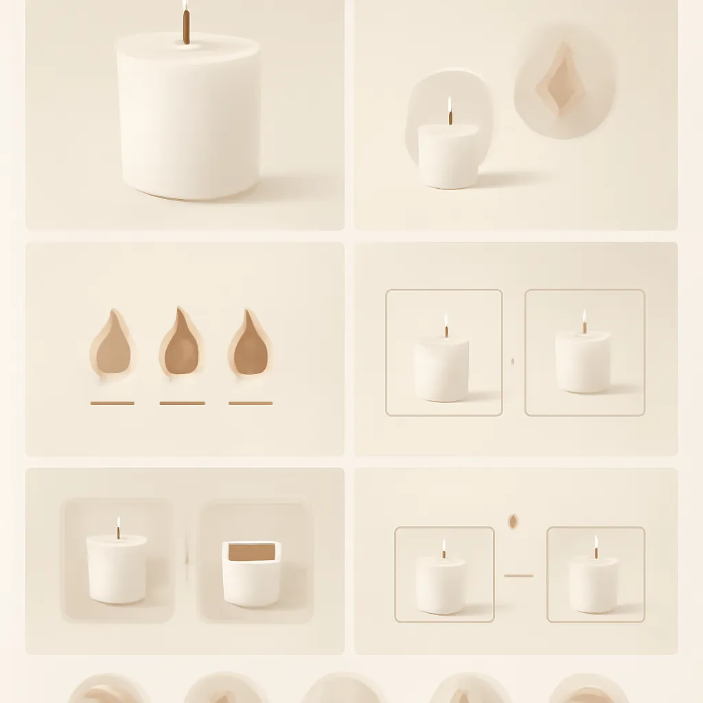 Create a clean premium editorial infographic concept explaining how to layer candle fragrances without creating a confusing blend. Use a warm ivory, beige, muted amber, soft blush and dark brown palette with simple elegant icons and clear visual hierarchy. Divide the infographic into five visual sections. Section 1: choose the dominant scent, showing one large central candle icon surrounded by one clearly emphasized fragrance note. Section 2: add a supporting note, showing a second smaller candle or note icon visually connected to the dominant scent, indicating that the supporting note should complement rather than compete. Section 3: control intensity, showing three simple intensity levels represented by small, medium and strong visual bars or candle-glow icons. Section 4: one candle vs. multiple products, creating a split comparison with several notes converging into one candle on the left and separate candles placed in adjacent rooms with arrows showing scent flow on the right. Section 5: test before adding more, showing a simple three-step progression: test, adjust, then layer again. Add a small lower section illustrating six sample pairing formulas using abstract ingredient icons, without adding detailed generated text. Use generous spacing, clean lines, easy-to-scan layout and blank caption areas for later manual typography. No fake statistics, no unsupported percentages, no random text, no misspelled labels, no decorative overload, no logos and no watermark.