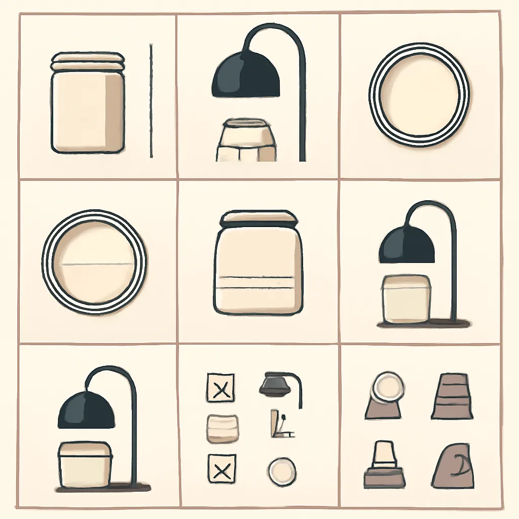 Create a premium vertical infographic concept explaining how to check whether a jar candle is compatible with a skull candle warmer lamp. Use a refined black, warm beige, ivory and deep burgundy color palette with clean minimal line illustrations and realistic simplified product icons. Divide the layout into six clear visual sections. Section 1 — Jar Height: Show a candle jar beside the adjustable lamp pole with a vertical measurement indicator. Section 2 — Jar Diameter: Show a top-view jar with a horizontal width indicator across the widest point. Section 3 — Jar Opening: Show a top-view comparison between a wide opening and a narrower opening, emphasizing clear access to the wax surface. Section 4 — Wax Level: Show two side-view jars with different wax levels to demonstrate that the distance from the bulb to the wax surface changes as the candle is used. Section 5 — Bulb Distance: Show a side-view diagram of the lamp head above the jar with a clean visual gap between the bulb and wax surface. Do not add unsupported numeric distance values. Section 6 — Compatibility Check: Create a simple checklist flow using icons: measure jar, adjust lamp height, center jar, check clearance, observe warming, stop if anything appears abnormal. Add a small warning area showing visual stop-use signs such as jar touching the lamp head, excessive heat discoloration, unstable positioning or visible glass damage. Keep the icons simple and non-alarmist. Use large icons, strong visual hierarchy, generous spacing and blank caption areas for manual typography later. No fake technical specifications, no unsupported temperatures, no numeric clearance claims, no certification logos, no random text, no misspelled labels and no watermark.