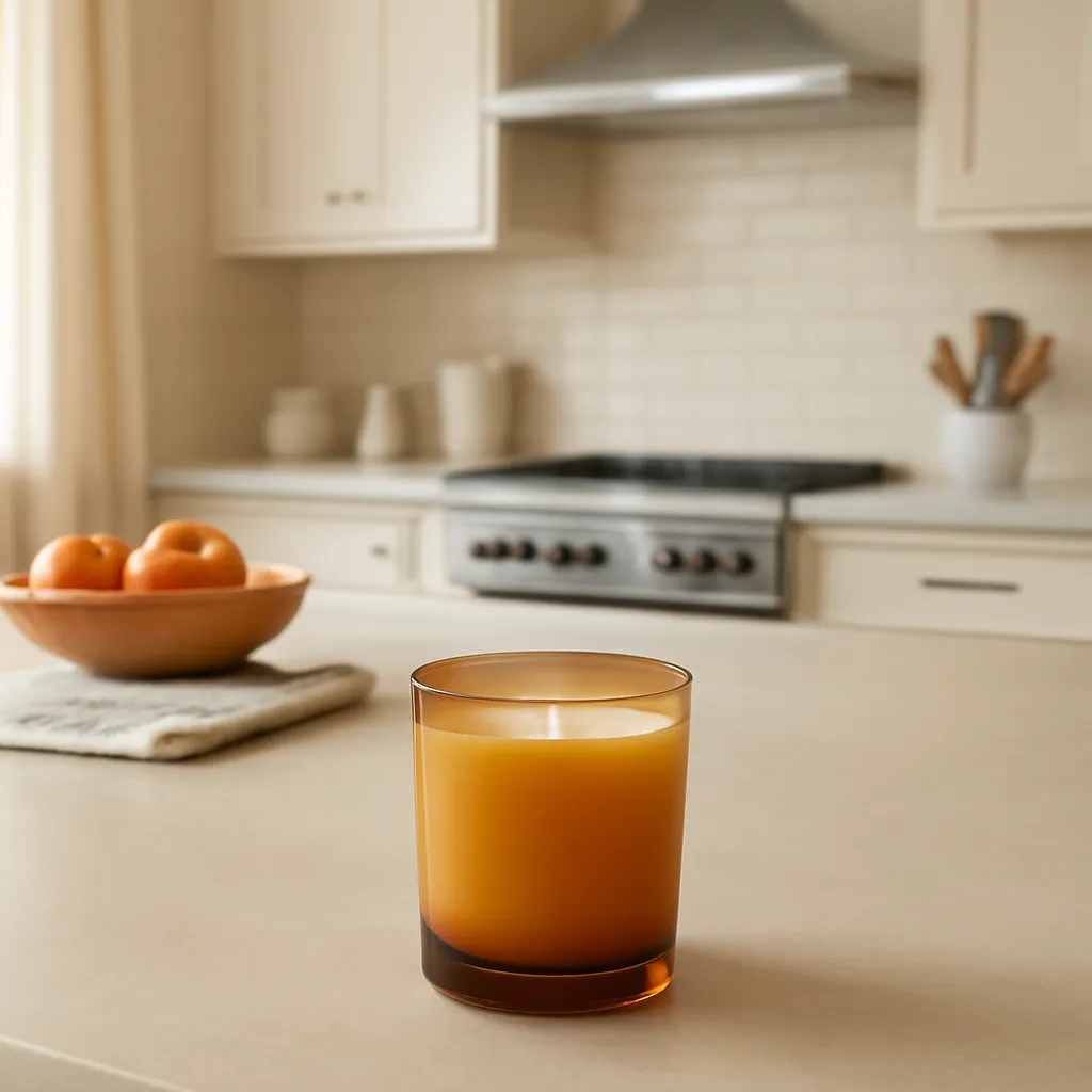Realistic editorial lifestyle photograph demonstrating natural and sensible candle placement in a bright contemporary American kitchen during fall. Feature one elegant amber or cream scented candle placed on a stable side countertop or the outer end of a large kitchen island. The candle should have generous clear space around it and be visually separated from the stove, sink, active food-preparation area, dish towels, paper products, curtains, wooden utensils, and other nearby clutter. Show the main cooking zone softly in the middle or background so the viewer can immediately understand that the candle is positioned away from active cooking. Keep the candle clearly visible in the foreground or mid-ground. Add subtle seasonal context with a wooden fruit bowl containing a few fresh apples, one small pumpkin, neutral ceramic containers, a folded linen cloth placed far from the candle, and minimal natural wood accessories. Avoid excessive seasonal props. The American kitchen should have creamy cabinetry, light beige stone countertops, warm oak details, brushed metal fixtures, and large windows. Use soft natural morning or afternoon light with realistic shadows. Composition should visually communicate open space around the candle without using arrows, warning symbols, instructional text, or artificial safety graphics. Premium American home lifestyle photography, clean sophisticated kitchen interior, realistic daylight, high-end magazine aesthetic, photorealistic materials, natural depth of field, calm autumn atmosphere, no people, no text, no logos, no Halloween decor, no dramatic open flame, no clutter.