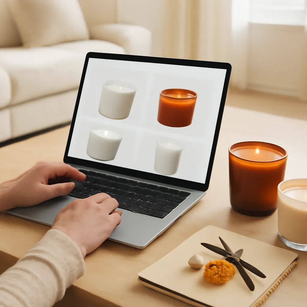 Realistic premium lifestyle photograph of a person shopping for scented candles online in a sophisticated American living room or home office. Show only the person’s hands or partial body, not the face. The shopper is using a laptop or tablet displaying a generic ecommerce page with several candle product images, without readable brand names, prices, or text. On the table beside the device, place two elegant scented candles for visual comparison: one amber glass jar and one cream ceramic or clear glass candle. Include a notebook, ruler, neutral pen, and a small scent-note reference arrangement such as vanilla bean, citrus peel, or sandalwood. The scene should visually communicate thoughtful comparison before purchasing: checking jar size, product details, scent notes, and reviews. Use a bright contemporary American home interior with cream upholstery, light oak furniture, beige textiles, natural stone, and subtle home decor. Lighting should be realistic daylight from a nearby window. Keep the composition clean, mature, premium, and uncluttered. The candles should feel naturally integrated into the shopping scene rather than overly staged. Premium US lifestyle photography, editorial home magazine aesthetic, realistic laptop and candle materials, natural shadows, soft depth of field, neutral warm palette, no readable text, no visible logos, no exaggerated ecommerce graphics.