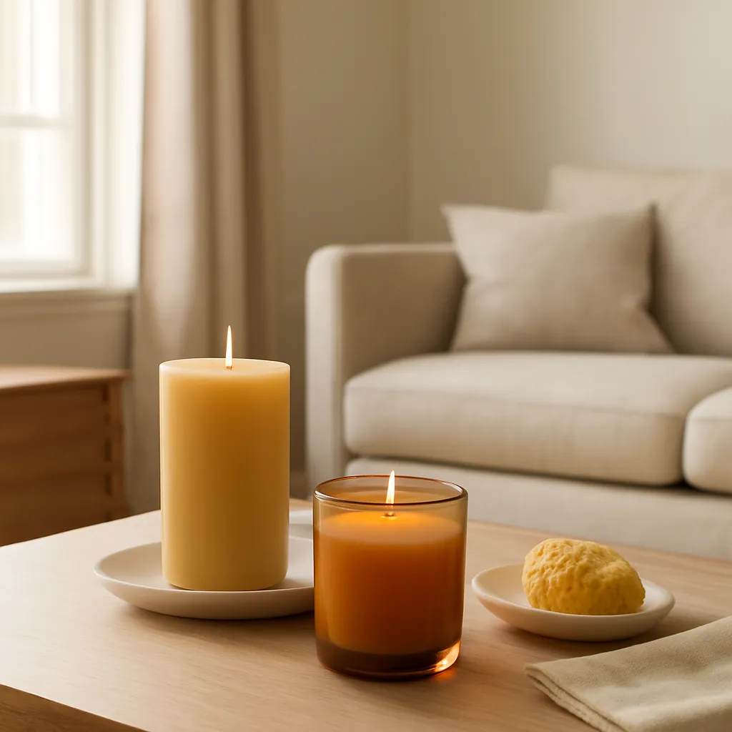 Realistic premium lifestyle photograph of golden beeswax candles placed naturally in an elegant contemporary American home. Show one or two refined beeswax candles styled on a console table, coffee table, sideboard, or living-room shelf. Feature one candle in a clear or amber glass vessel and optionally one simple pillar-style beeswax candle to reinforce the natural wax material. Include restrained natural styling elements such as a ceramic dish, folded linen cloth, small wooden tray, a small piece of honeycomb, and a neatly cut beeswax sheet placed subtly nearby. The room should feel warm, modern, and sophisticated rather than rustic. Use cream walls, natural oak or walnut furniture, warm beige upholstery, neutral linen textiles, light stone surfaces, and minimal decorative objects. Use soft natural daylight entering through a large nearby window, creating realistic highlights on the golden wax and gentle shadows across the furniture. The candle should feel naturally integrated into everyday home decor rather than staged like a product catalog. Color palette: honey gold, warm amber, cream, linen beige, oat, natural oak, soft brown, and light taupe. Premium American home lifestyle photography, realistic wax and glass textures, high-end interior editorial aesthetic, natural depth of field, photorealistic, calm and refined atmosphere, no people, no text, no logos, no visible branding, no excessive flowers, no rustic farmhouse styling.