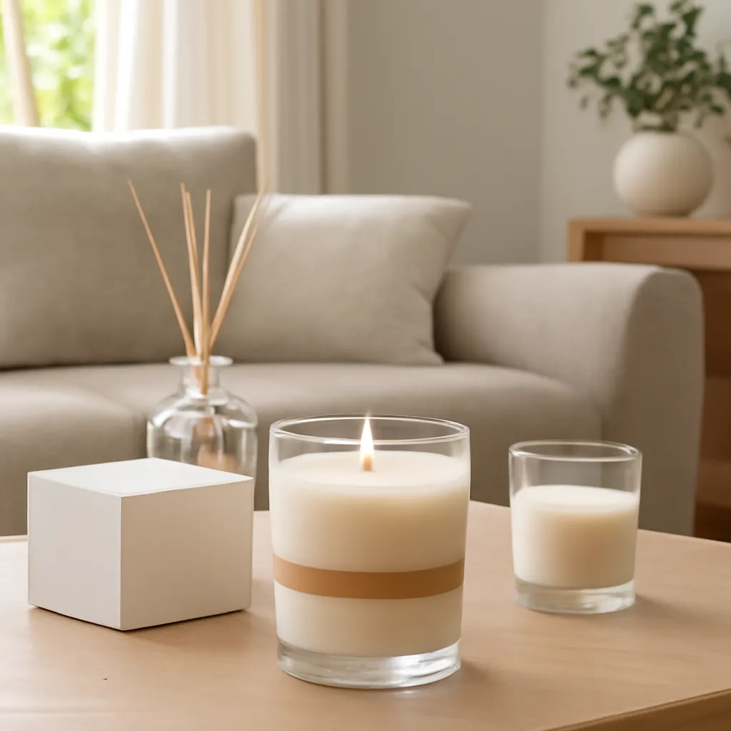 Lifestyle scene: layered vanilla pumpkin home fragrance placed naturally in an American home, cozy but uncluttered, realistic daylight, no text