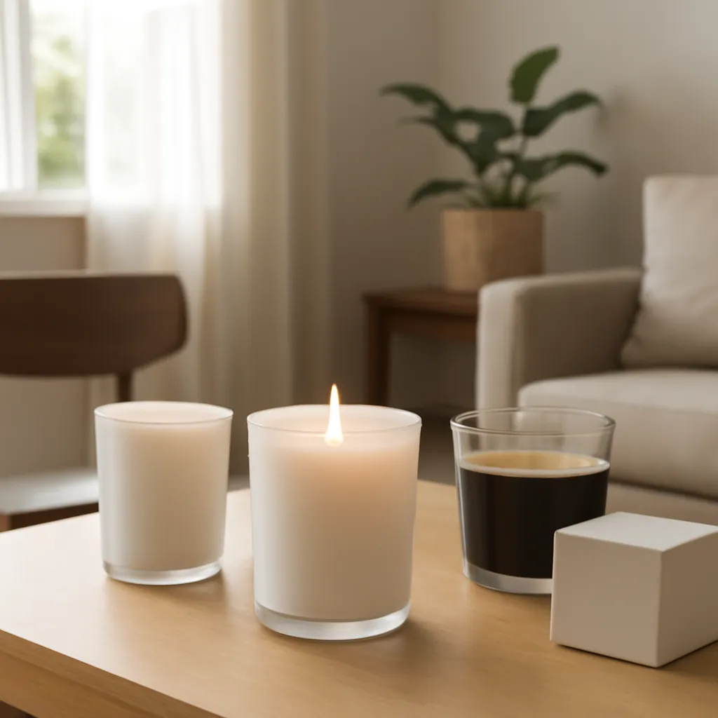 Lifestyle image: espresso candle with café-style interior placed naturally in an American home or event setting, realistic light, uncluttered background, no text