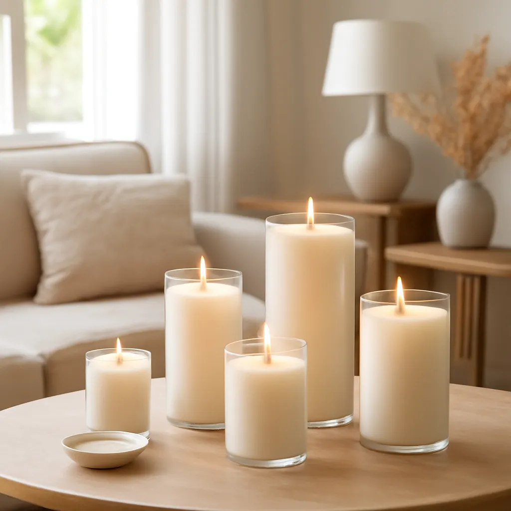 Lifestyle image: elegant scented pillar candles in several heights placed naturally in an American home or event setting, realistic light, uncluttered styling, no text