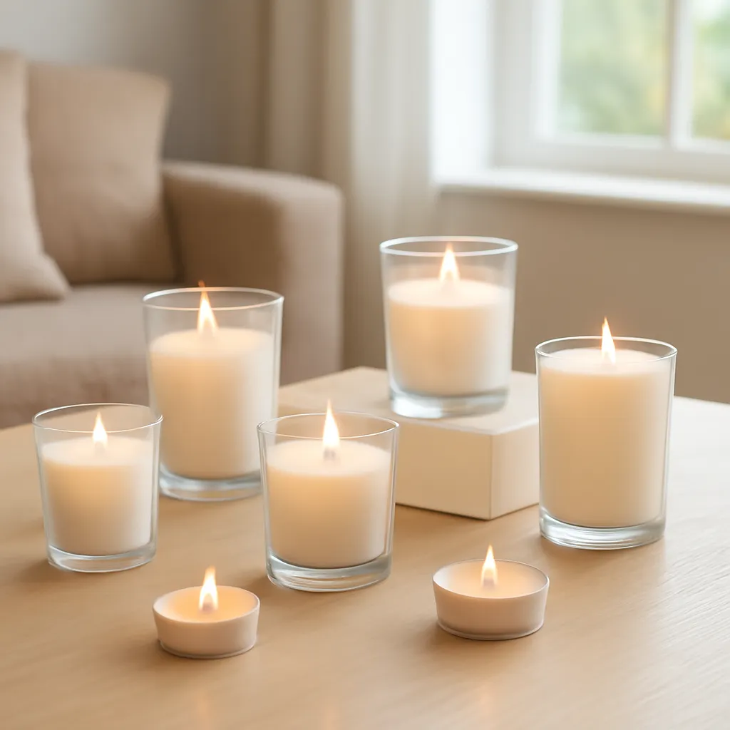 Lifestyle image: votive and tea light candles arranged on an elegant table placed naturally in an American home or event setting, realistic light, uncluttered styling, no text