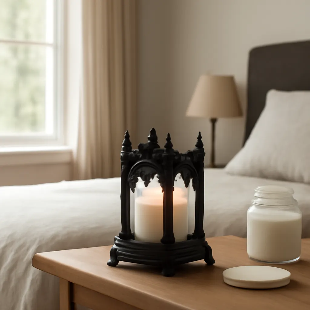 Lifestyle image: gothic candle warmer in a calm dark bedroom placed naturally in an American home, realistic lighting, safe clearances, uncluttered background, no text