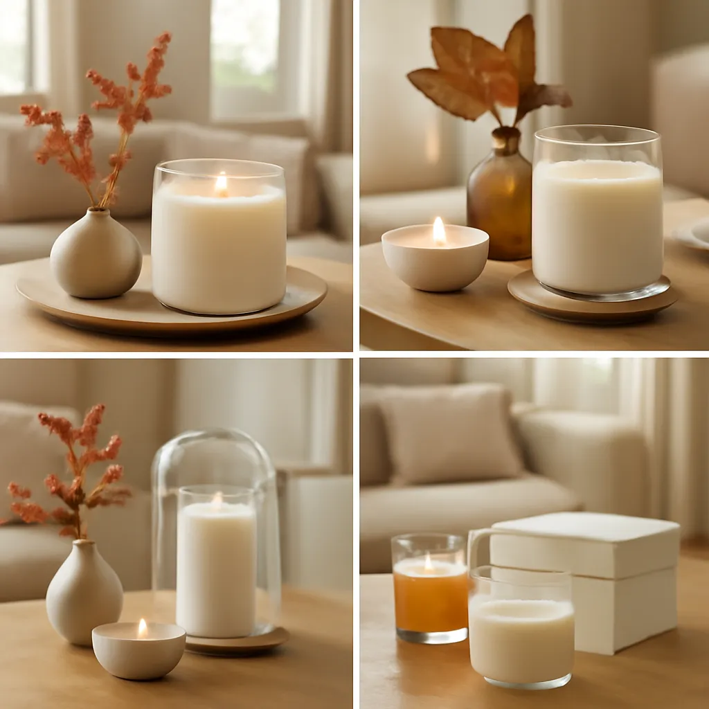 Lifestyle scene: four-scene autumn scent story placed naturally in an American home, cozy but uncluttered, realistic daylight, no text