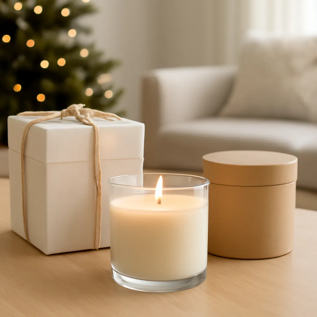 Lifestyle image: gift-ready holiday candle collection placed naturally in an American home or event setting, realistic light, uncluttered background, no text
