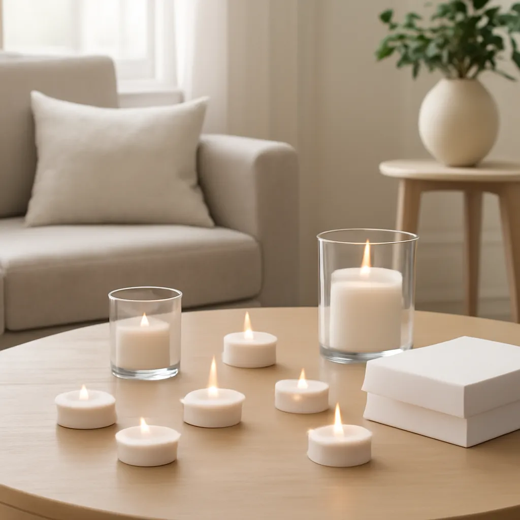 Lifestyle image: small scented tea lights arranged on an elegant table placed naturally in an American home or event setting, realistic light, uncluttered styling, no text