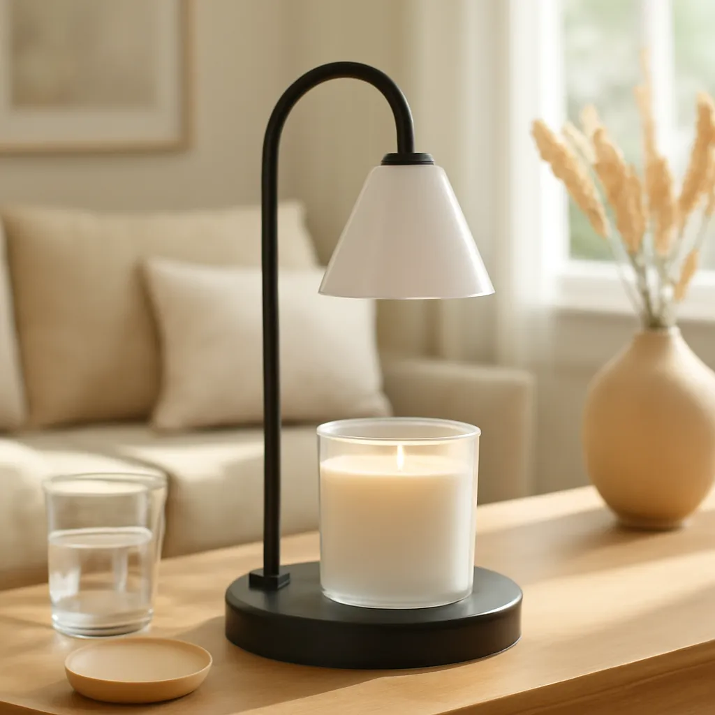 Lifestyle image: wickless candle melting under an elegant warmer lamp placed naturally in an American home or event setting, realistic light, uncluttered styling, no text