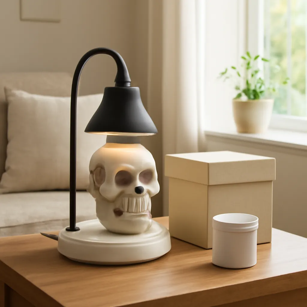 Lifestyle image: gift-ready skull candle warmer lamp with premium packaging placed naturally in an American home, realistic lighting, safe clearances, uncluttered background, no text