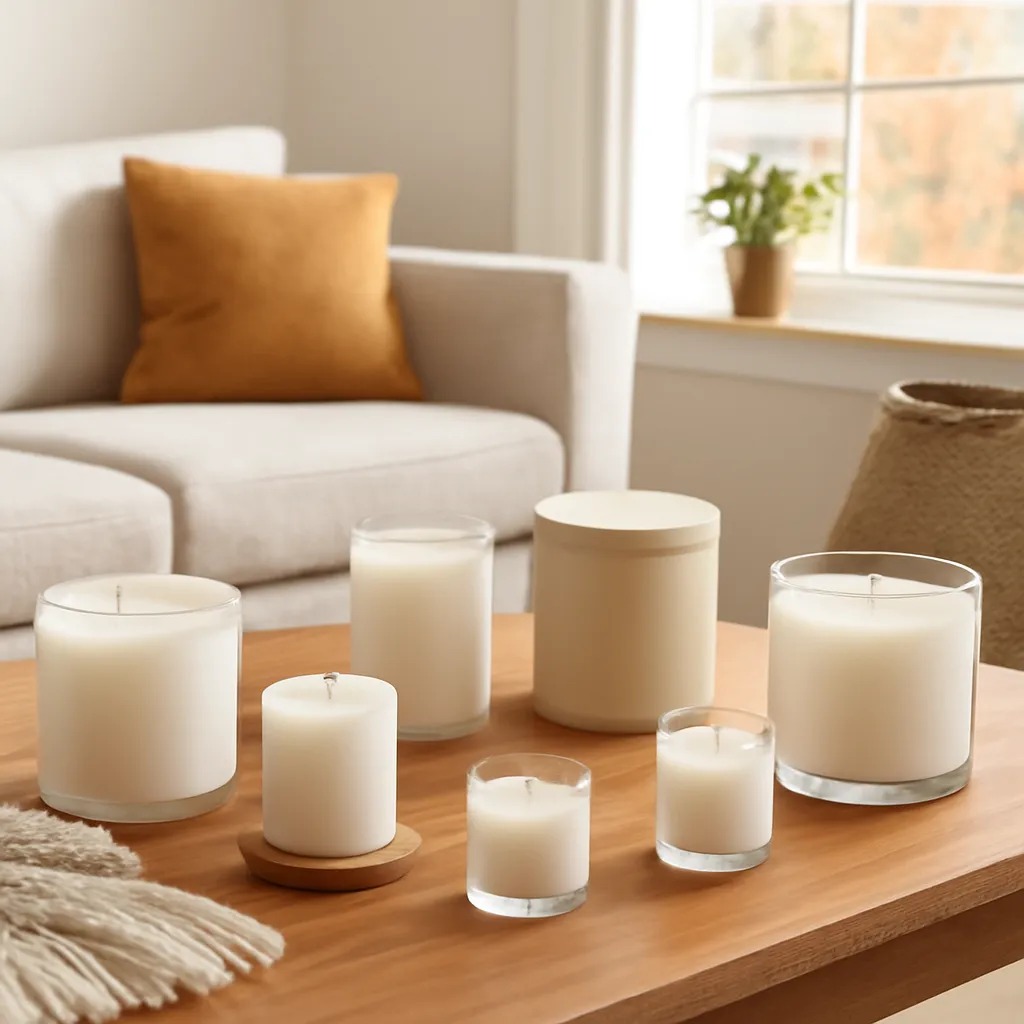 Lifestyle scene: seven-family autumn fragrance wheel placed naturally in an American home, cozy but uncluttered, realistic daylight, no text